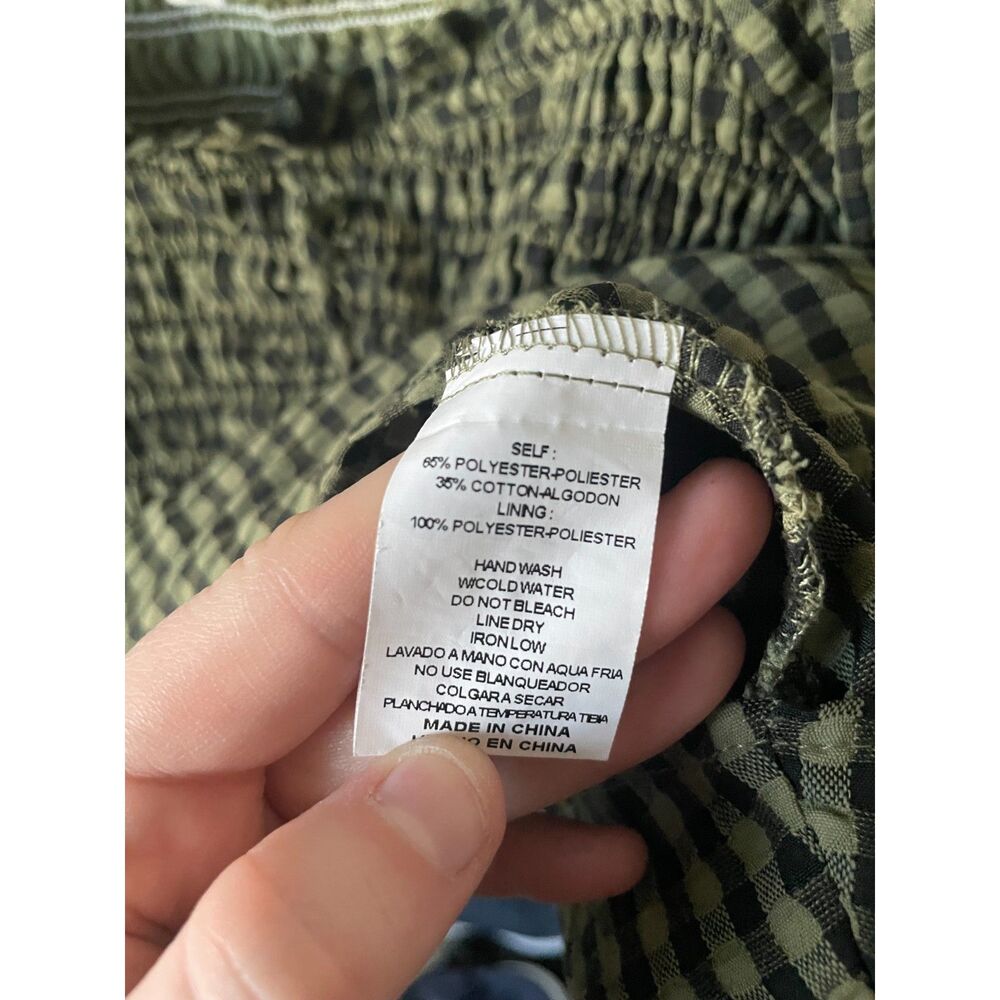 &merci Olive Green Gingham Smocked Peasant Blouse Puff Sleeve L - Picture 3 of 4